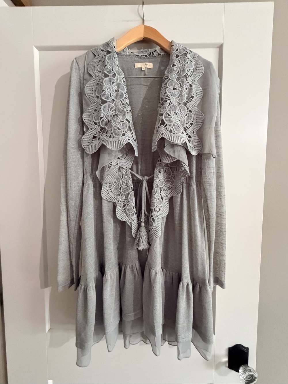 Ryu Light Gray Lace-Trim Ruffle Cardigan
